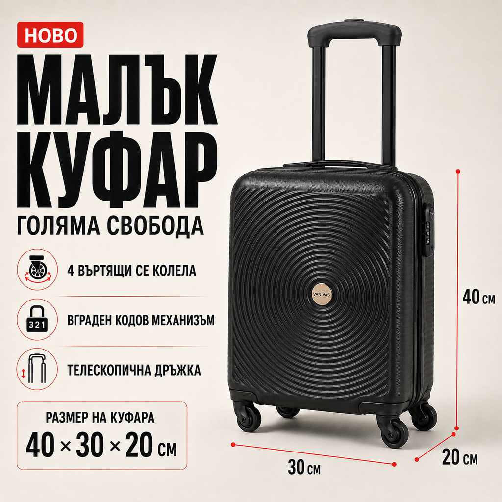 Paverra FreeCabin Black - куфар за безплатен кабинен багаж 40 × 30 × 20 см